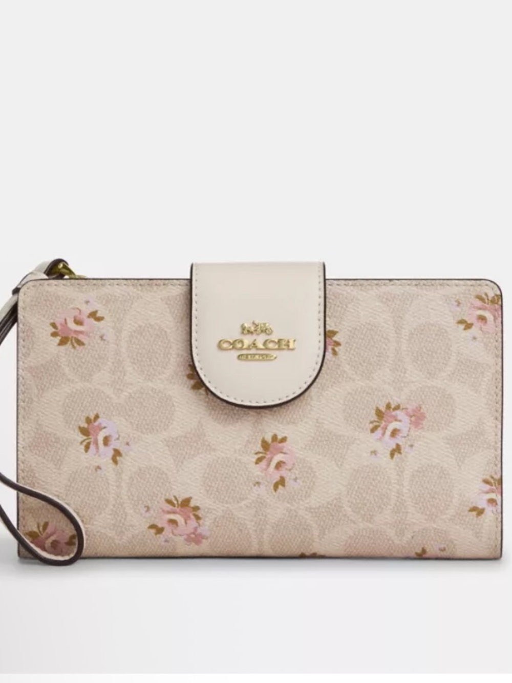 New Coach Signature Floral Wristlet Phone Wallet in Light Beige and Pink